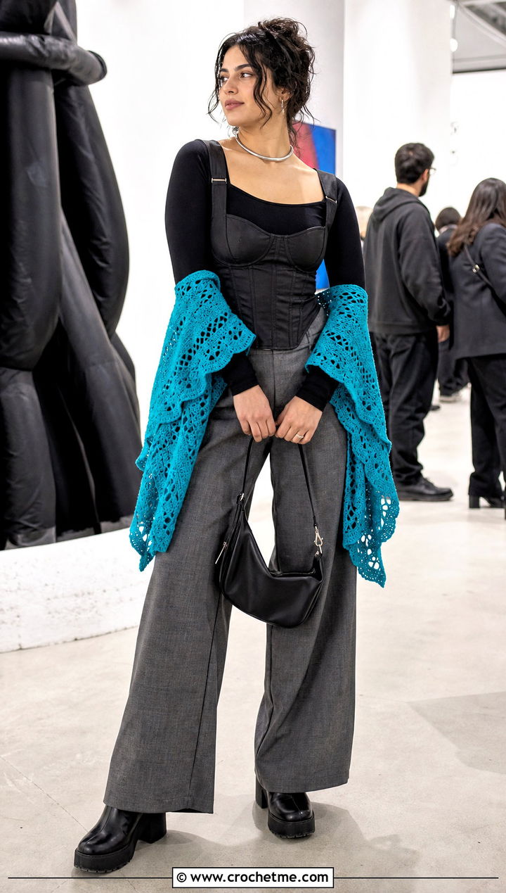 Witchy Tunisian Crescent Shawl With Corset Top - 25 Witchy Crochet Shawl outfit ideas