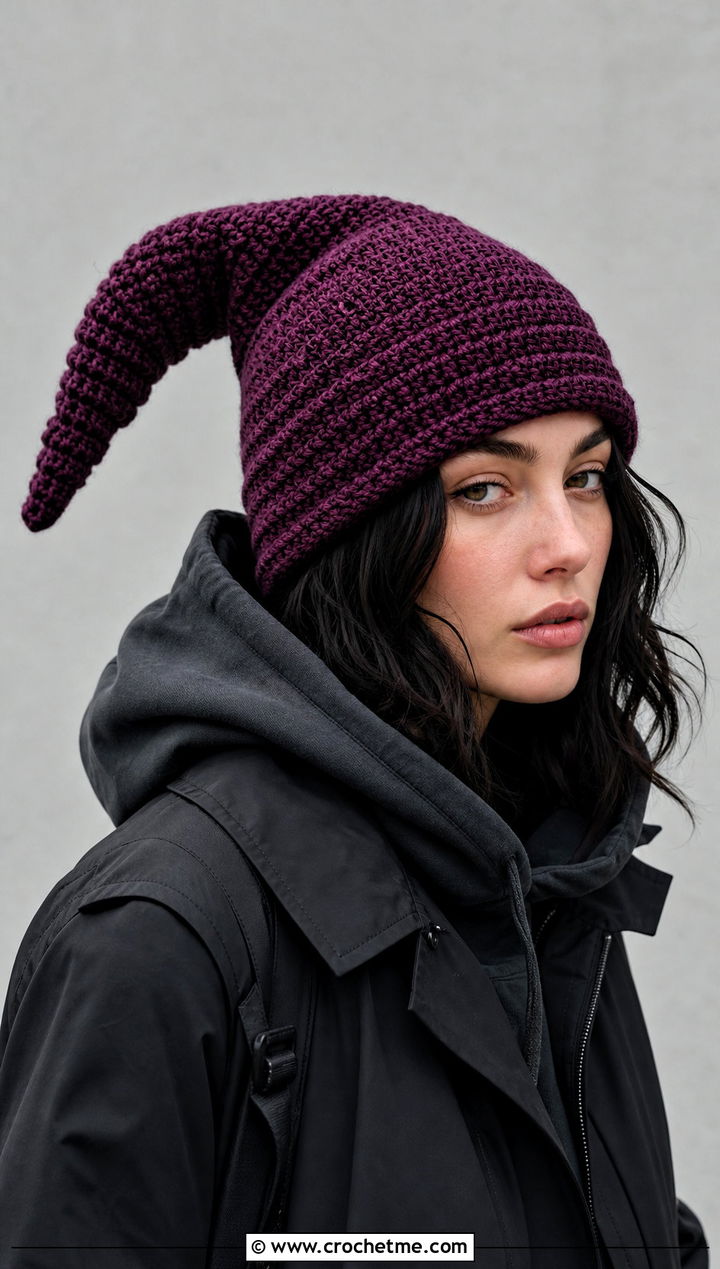 Wizard Style Pointed Crochet Beanie With Monochrome Streetwear - 20 Pointed Crochet Hat outfit ideas