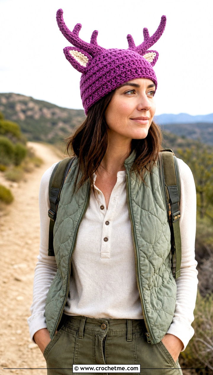 Woodland Deer Horn Hat With Quilted Vest - 30 crochet hat with horns outfit ideas