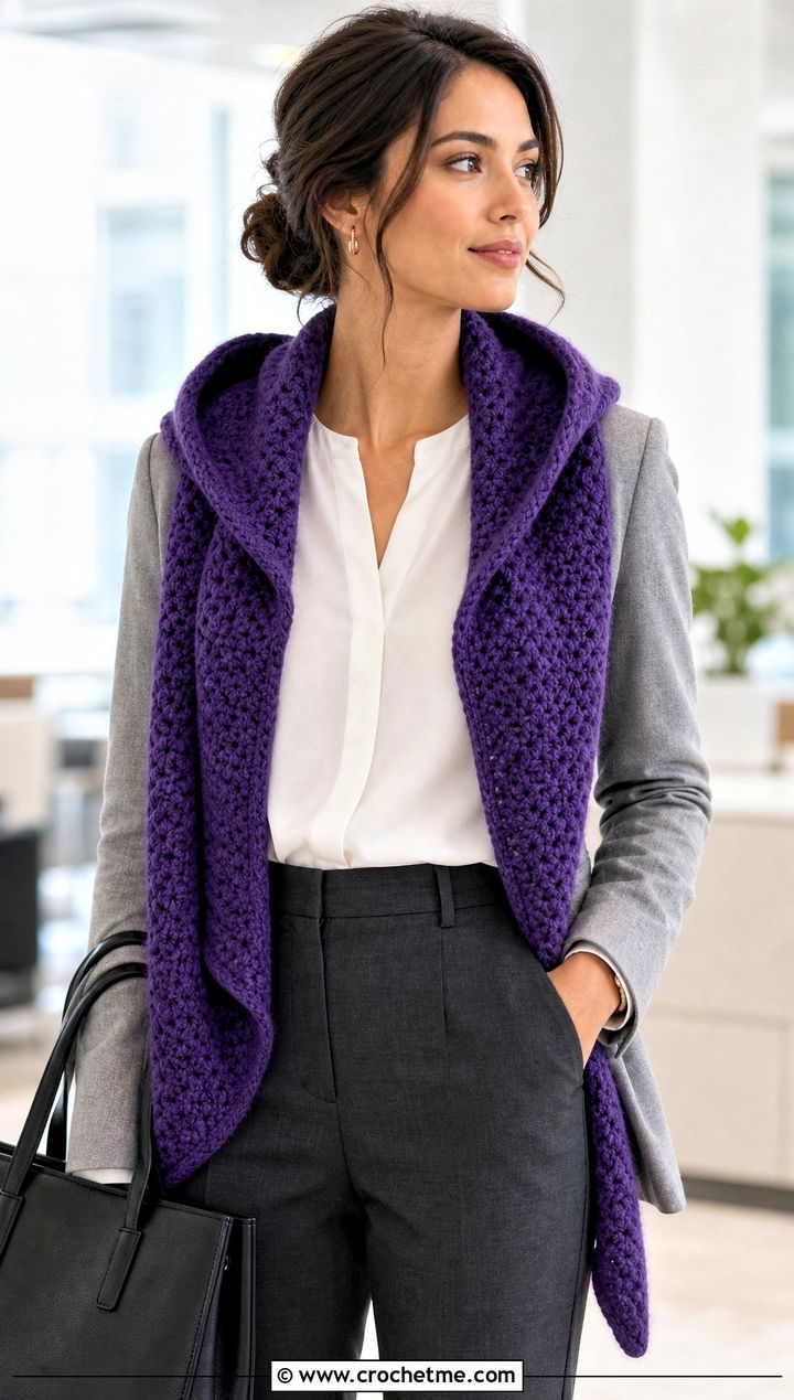 Woodland Hooded Crochet Scarf With Blazer And Trousers - 15 Woodland Hooded Crochet Scarf outfit ideas
