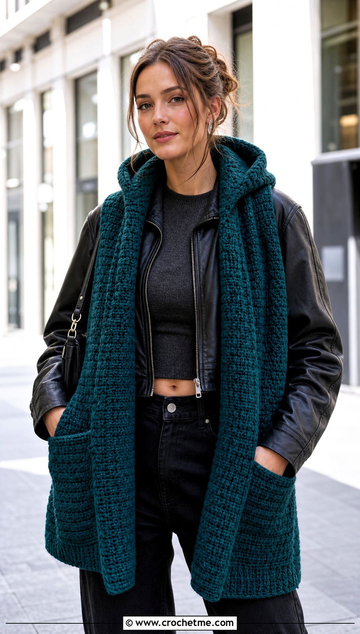 Woodland Hooded Crochet Scarf With Leather Jacket - 15 Woodland Hooded Crochet Scarf outfit ideas