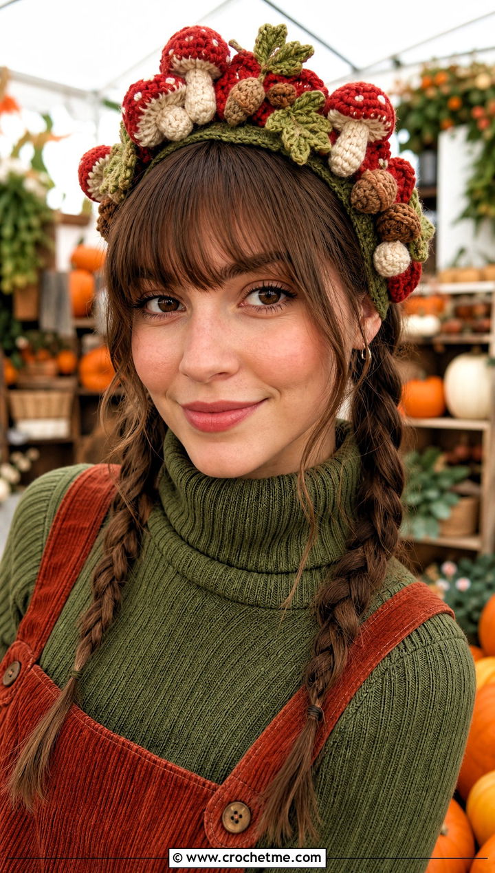 Woodland Mushroom Crochet Headband With Corduroy Outfit - 25 Crochet Mushroom Headband outfit ideas