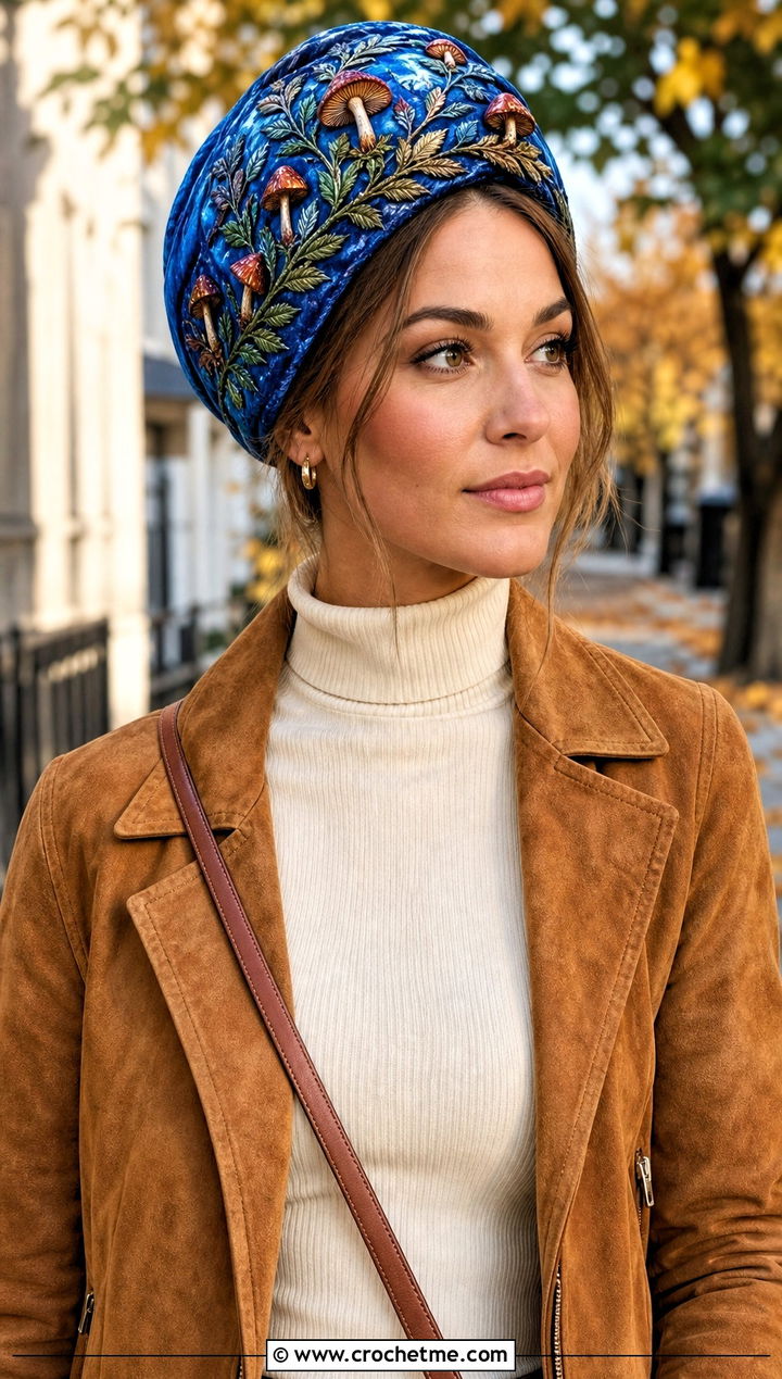 Woodland Mushroom Head Wrap With Suede Jacket - 25 mushroom crochet headband outfit ideas