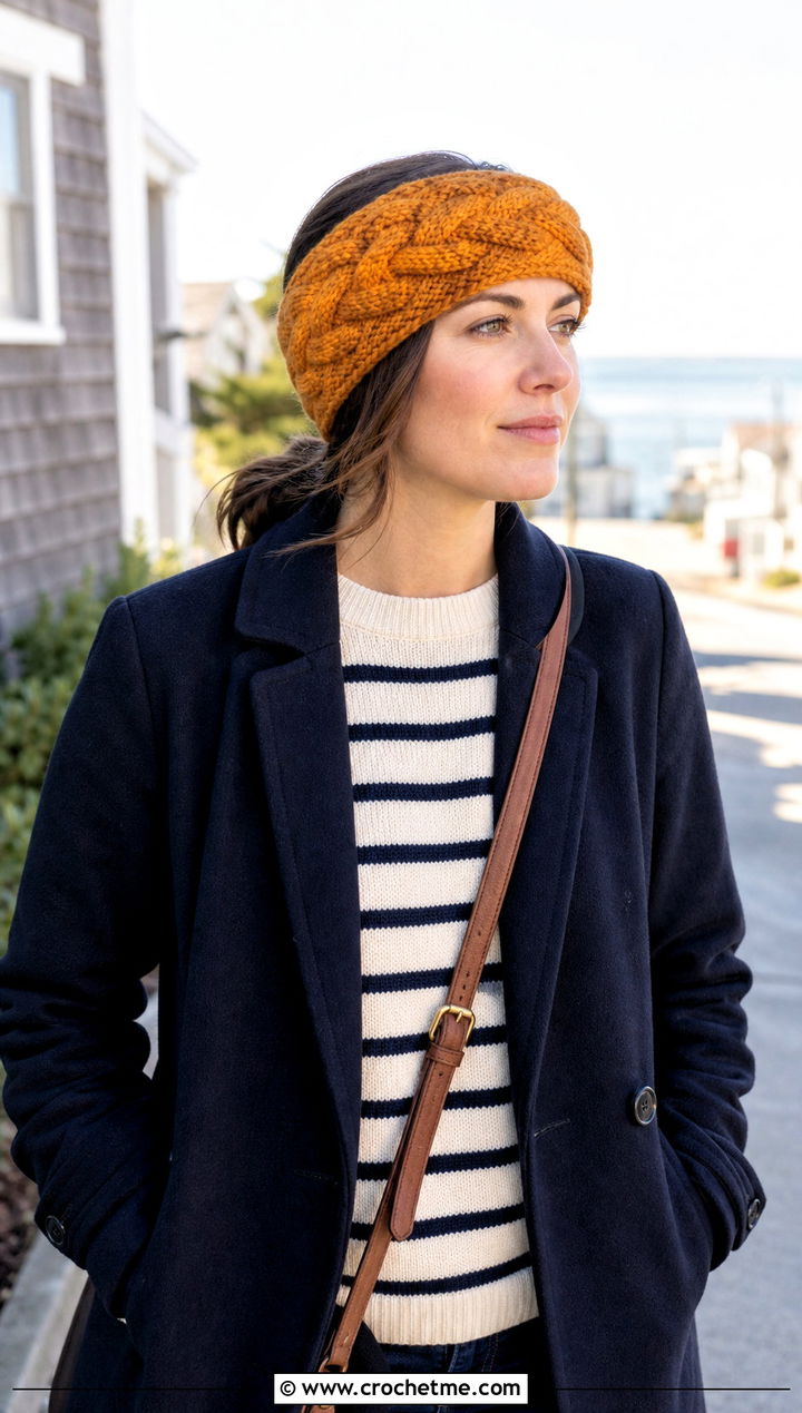 Wool Blend Braided Crochet Headband With Peacoat And Jeans - 20 Braided Crochet Headband outfit ideas