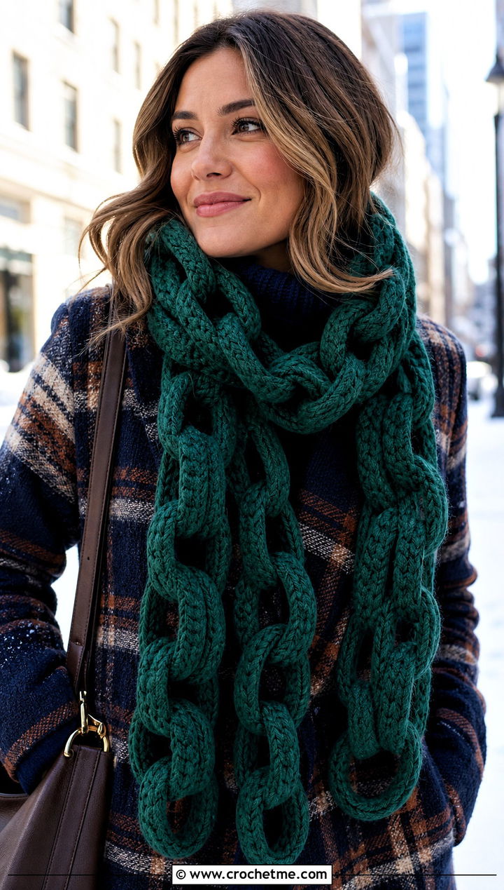 Wool Blend Chain Link Scarf With Plaid Coat - 25 Crochet Chain Link Scarf outfit ideas