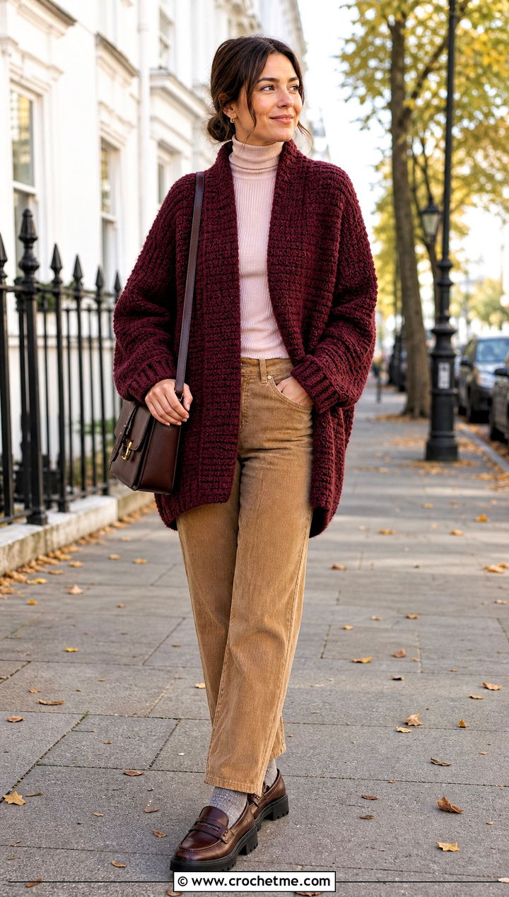 Wool Blend Cocoon Crochet Cardigan With Corduroy Pants - 25 Cocoon Crochet Cardigan outfit ideas