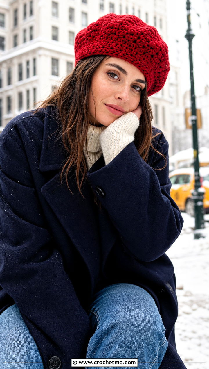 Wool Blend Crochet Beret With Peacoat And Straight Jeans - 30 crochet berets outfit ideas