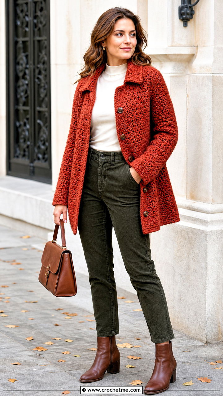 Wool Blend Crochet Bog Jacket With Corduroy Pants - 35 Crochet Bog Jacket outfit ideas