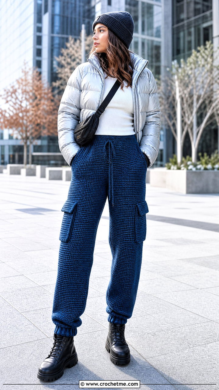 Wool Blend Crochet Cargo Pants With Puffer Jacket - 35 crochet cargo pants outfit ideas