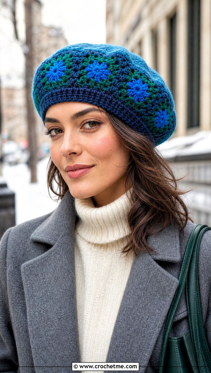 Wool Blend Crochet Granny Square Beret With Long Coat - 25 Crochet Granny Square Beret outfit ideas