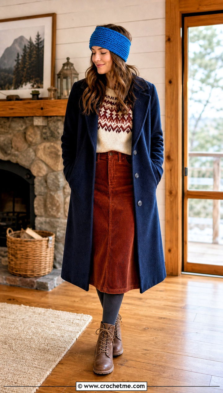 Wool Blend Crochet Headband With Fair Isle Sweater And Corduroy Skirt - 35 winter crochet headband outfit ideas