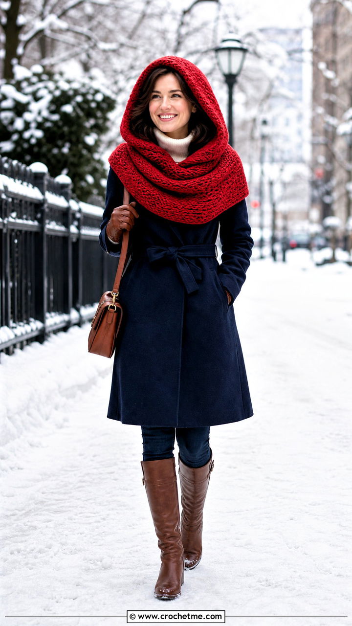 Wool Blend Crochet Hooded Cowl With Winter Coat - 35 crochet hooded cowl outfit ideas