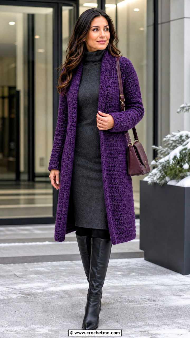 Wool Blend Crochet Long Cardigan With Turtleneck Dress - 35 crochet long cardigan outfit ideas