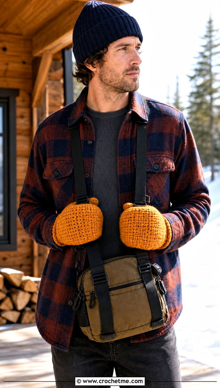 Wool Blend Crochet Mittens With Flannel Overshirt - 25 Crochet Mens Mittens outfit ideas