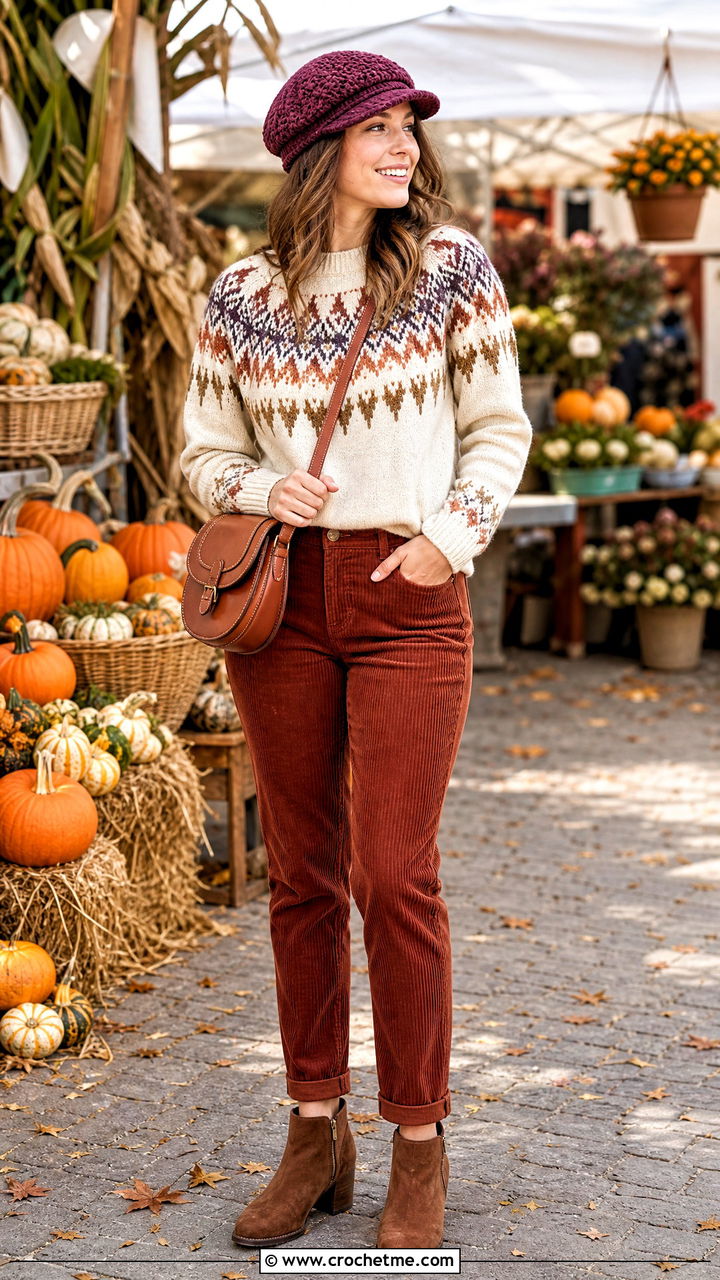 Wool Blend Crochet Newsboy Hat With Fair Isle Sweater And Corduroy Pants - 35 crochet newsboy hat outfit ideas