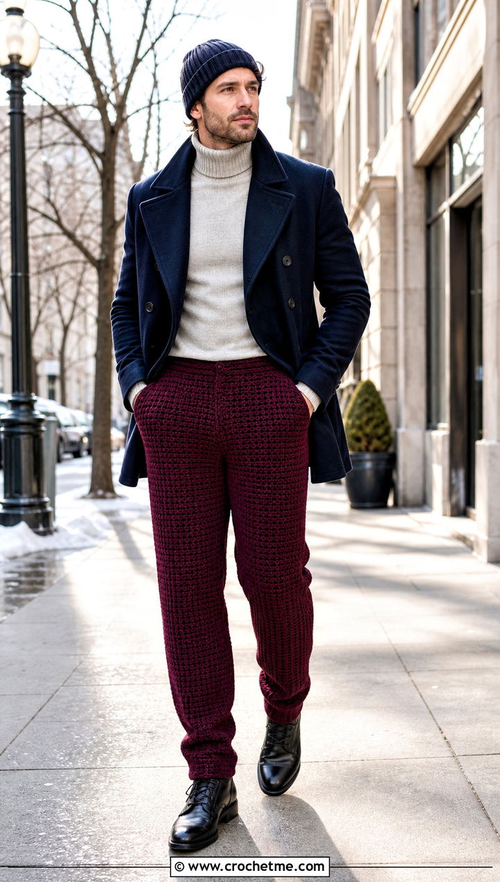 Wool Blend Crochet Pants With Peacoat - 35 crochet pants men outfit ideas