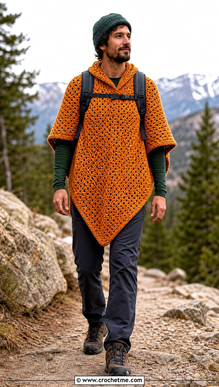 Wool Blend Crochet Poncho With Hiking Pants - 30 men crochet poncho outfit ideas