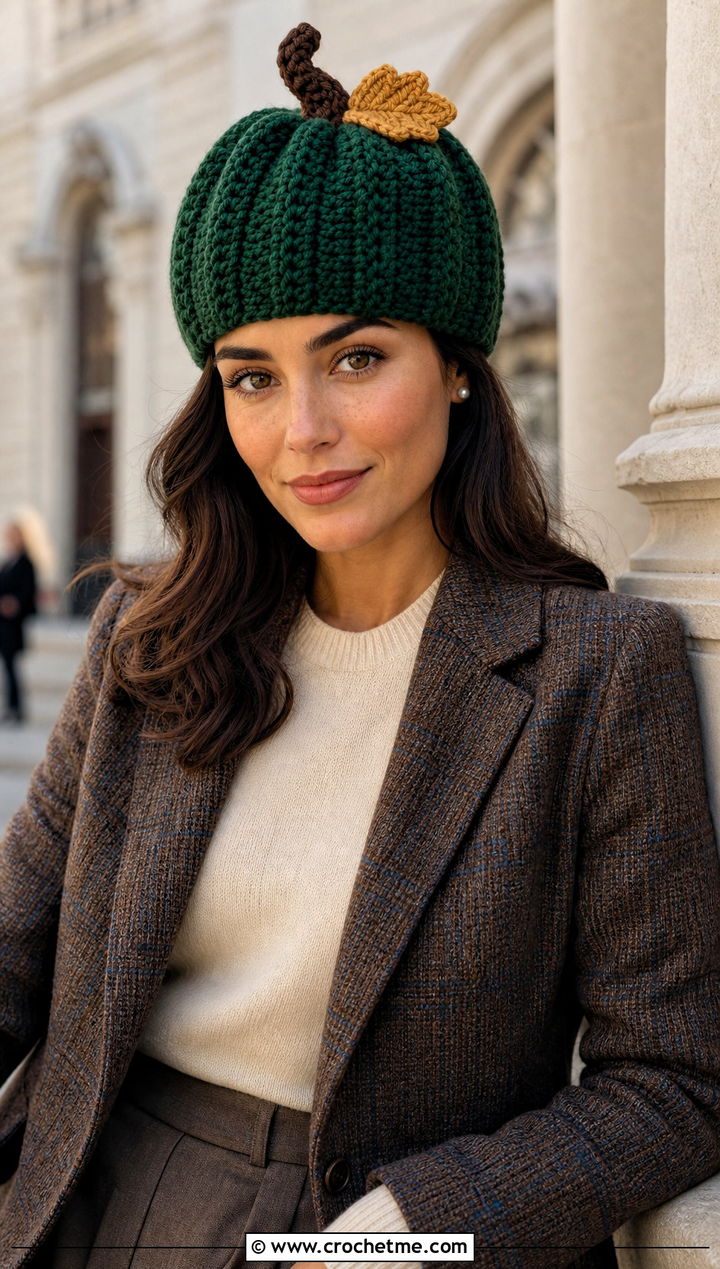 Wool Blend Crochet Pumpkin Beanie With Tweed Blazer - 30 crochet pumpkin beanie outfit ideas