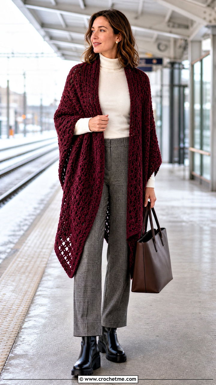 Wool Blend Crochet Ruana With Plaid Trousers - 35 crochet ruana outfit ideas