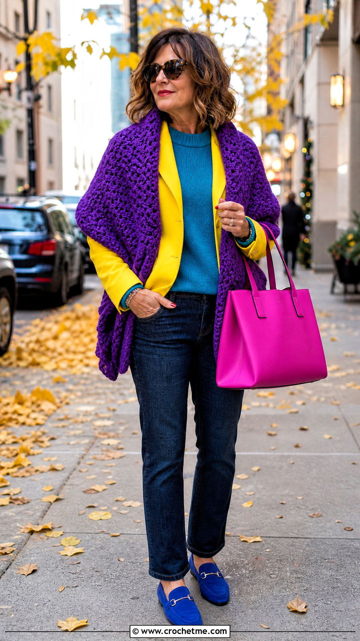 Wool Blend Crochet Shawl With A Blazer And Jeans - 35 crochet shawl outfit ideas