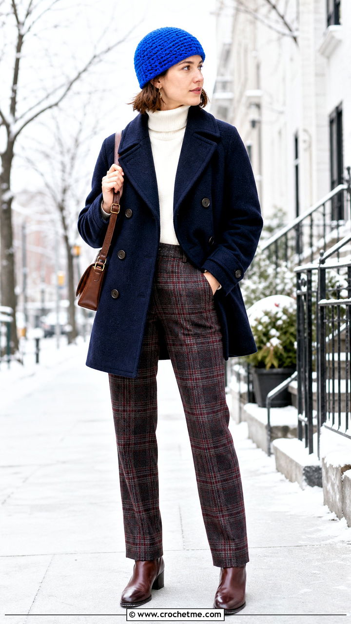 Wool Blend Crochet Skull Cap With Peacoat And Plaid Trousers - 35 crochet skull cap outfit ideas