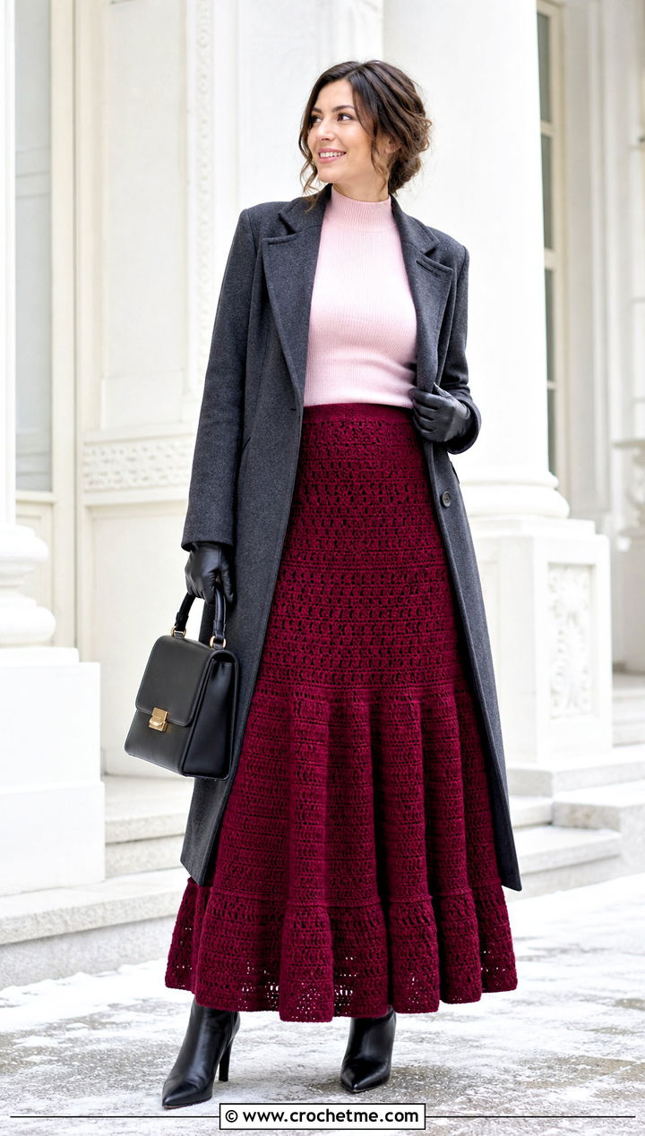 Wool Blend Crochet Tiered Maxi Skirt With Long Coat - 35 crochet tiered skirt outfit ideas