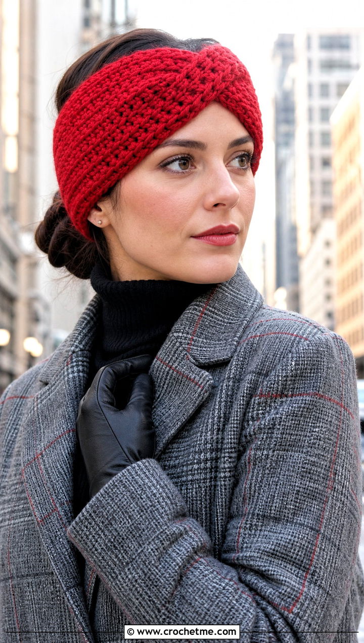 Wool Blend Crochet Twist Headband With Plaid Coat - 30 crochet twist headband outfit ideas