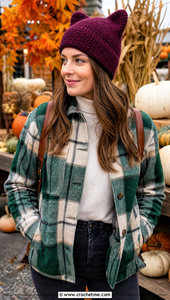 Wool Blend Finn Hat With Plaid Shacket And Straight Jeans - 30 crochet adventure time finn hat outfit ideas