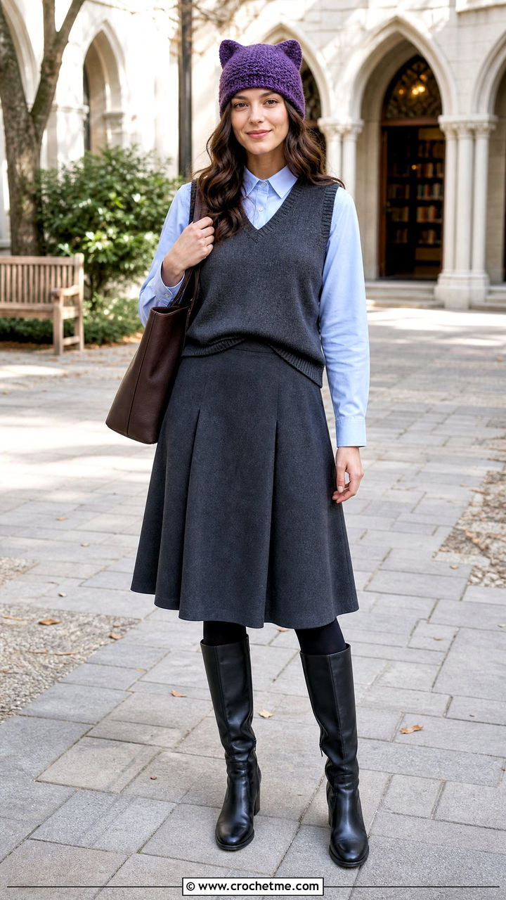 Wool Blend Finn Hat With Sweater Vest And Midi Skirt - 35 crochet finn hat outfit ideas