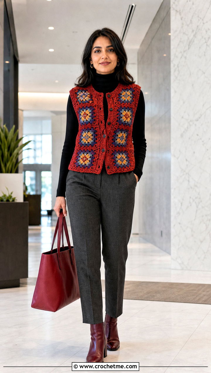 Wool Blend Granny Square Waistcoat With Turtleneck - 35 granny square waistcoat outfit ideas