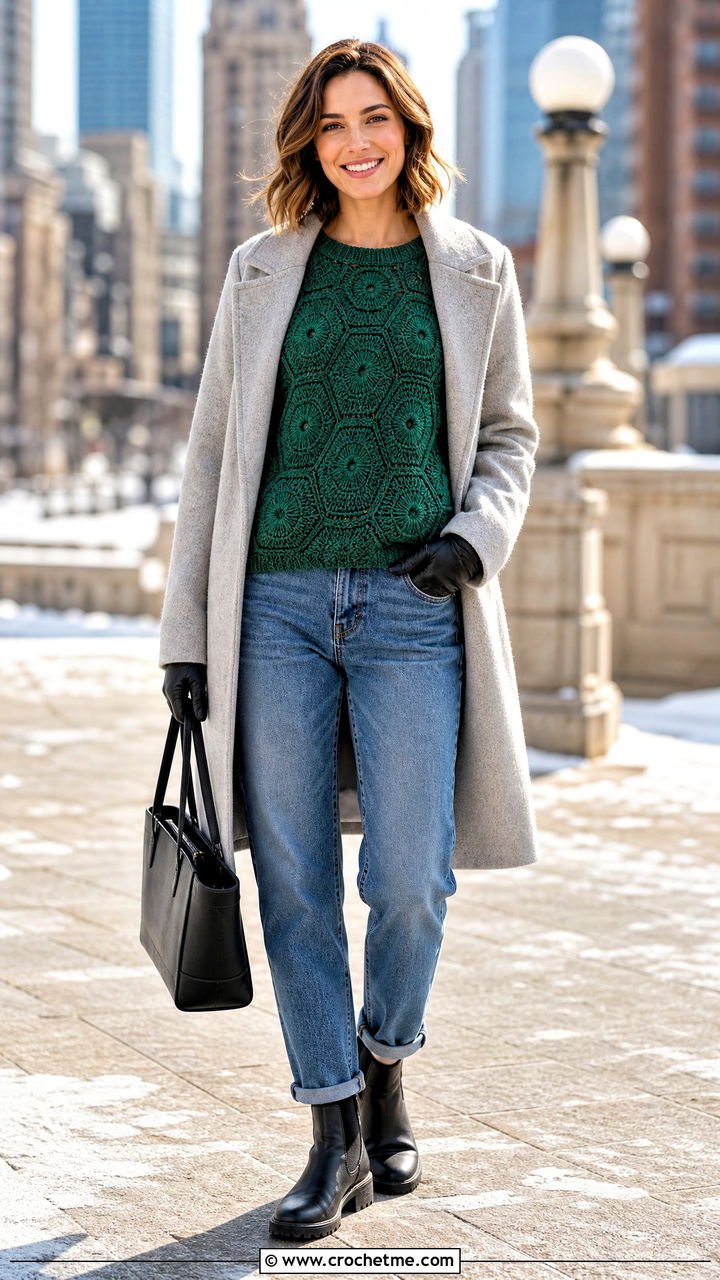 Wool Blend Hexagon Pullover With Wool Coat And Jeans - 35 crochet hexagon pullover outfit ideas
