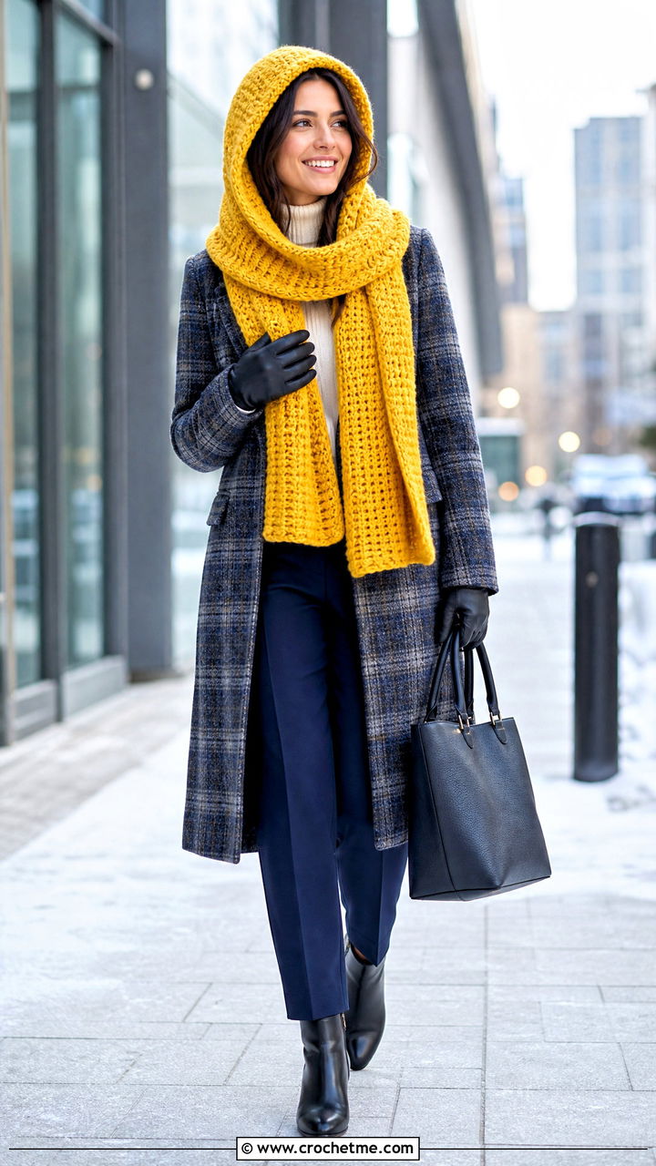 Wool Blend Hooded Scarf With Plaid Coat And Trousers - 35 crochet hooded scarf outfit ideas