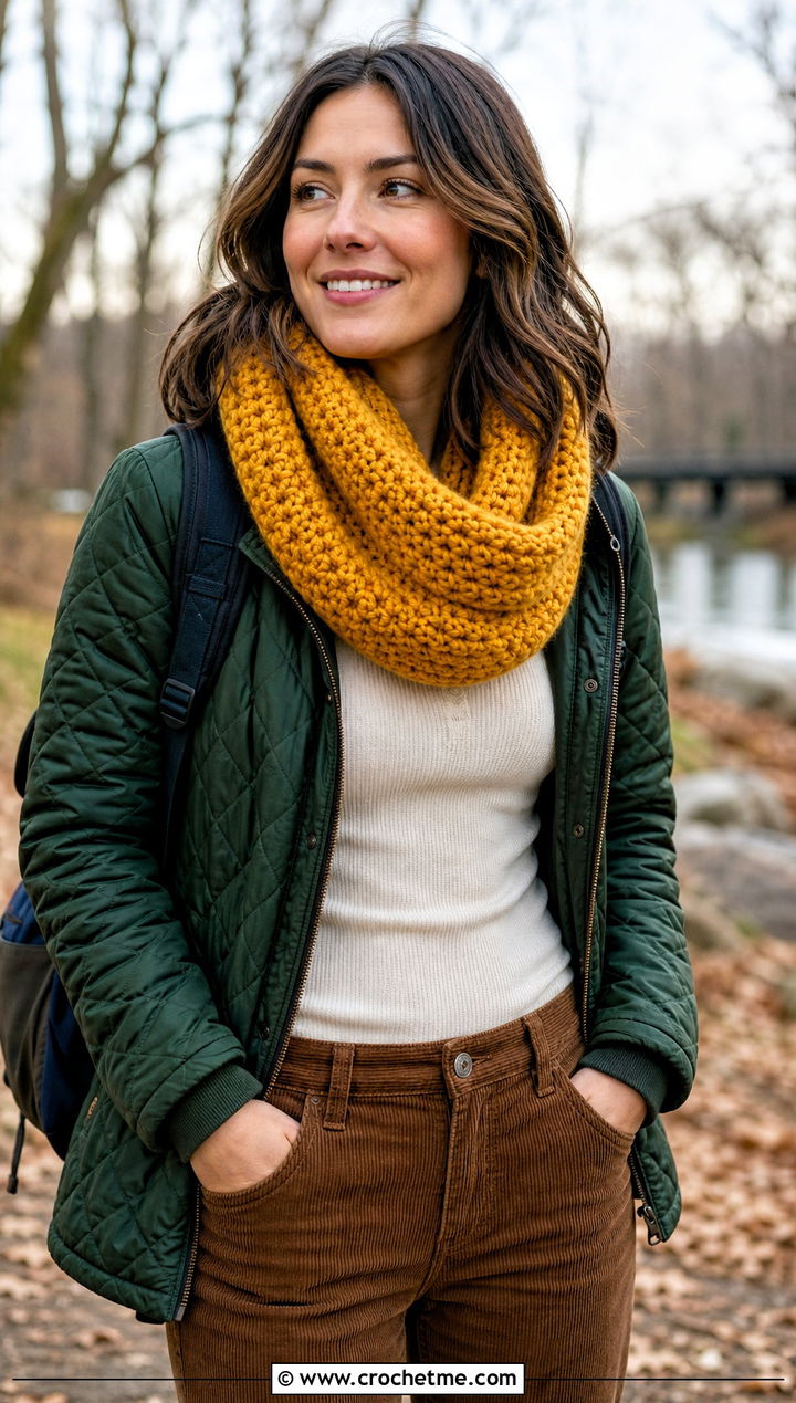 Wool Blend Infinity Scarf With Quilted Jacket - 30 easy crochet infinity scarf outfit ideas