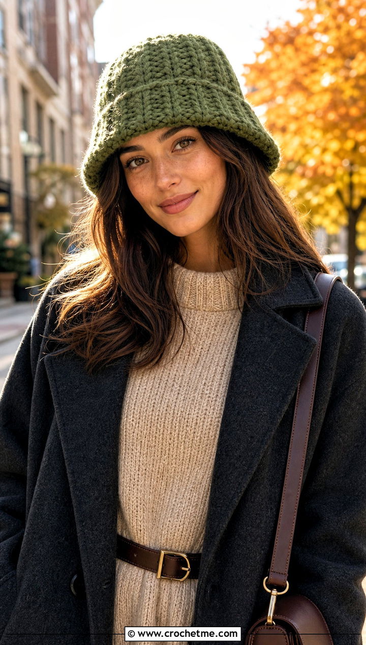 Wool Chunky Bucket Hat With Sweater Dress - 30 crochet chunky bucket hat outfit ideas