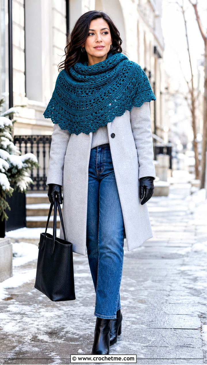 Wool Circular Shawl With a Coat And Straight Jeans - 30 crochet circular shawl outfit ideas
