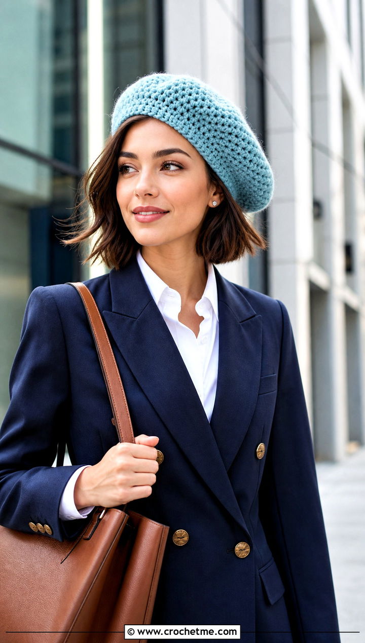 Wool Crochet Beret With Blazer And Trousers - 25 Wool Crochet Hat outfit ideas