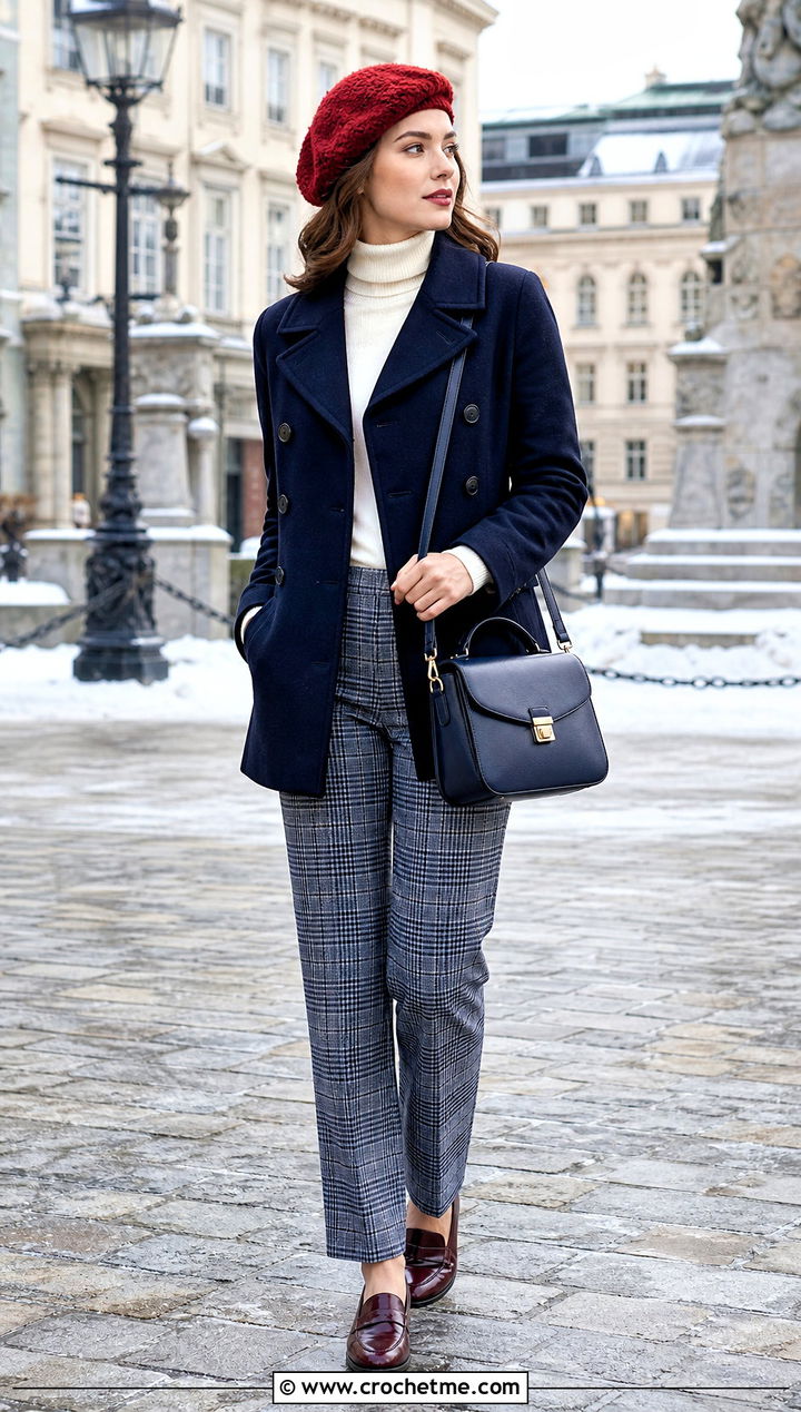 Wool Crochet Beret With Peacoat And Plaid Pants - 35 easy crochet beret outfit ideas