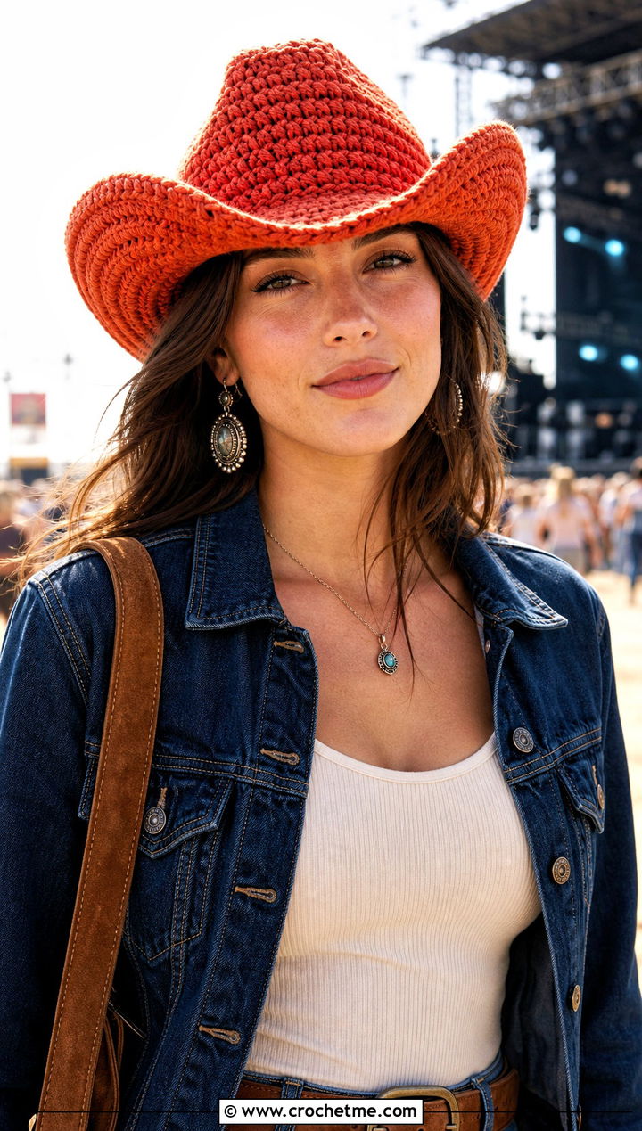Wool Crochet Cowboy Hat With Denim Maxi Skirt - 25 Wool Crochet Hat outfit ideas