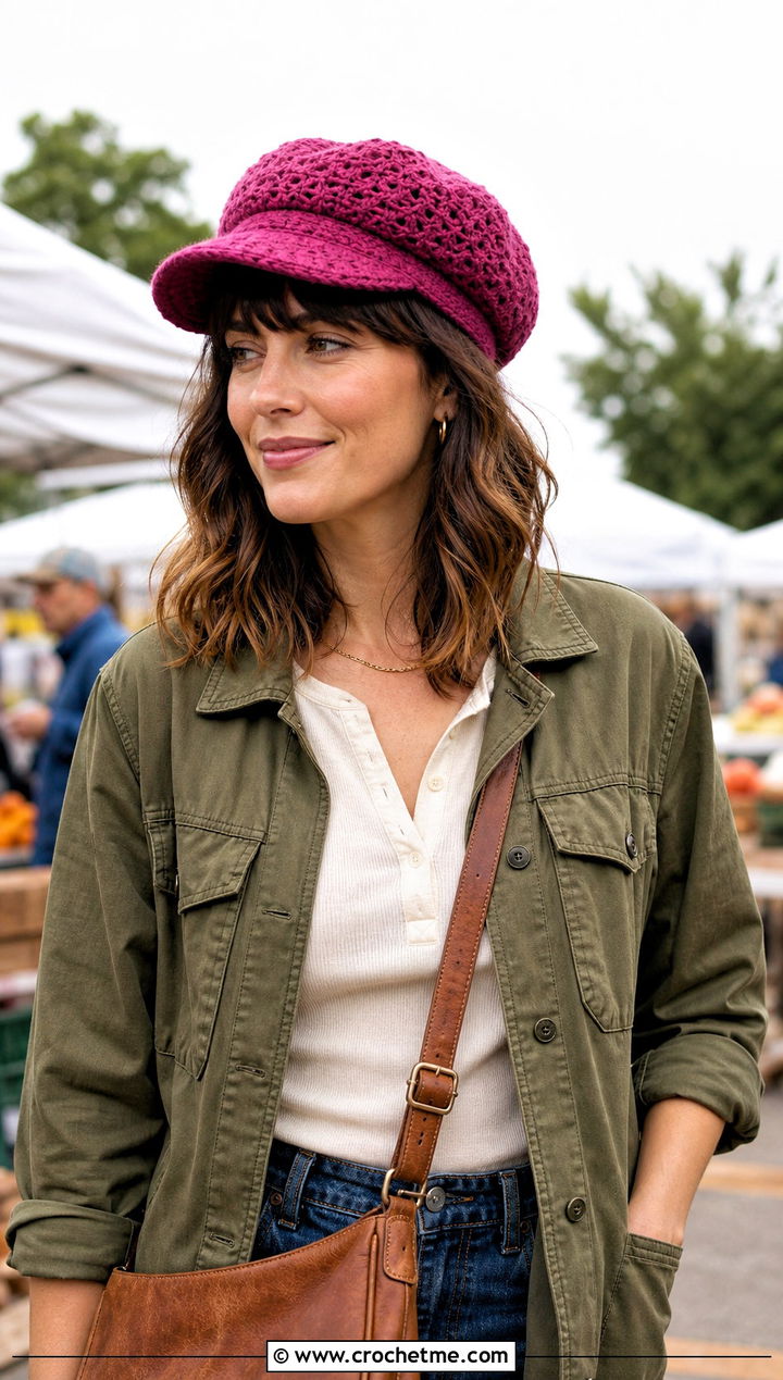Wool Crochet Newsboy Cap With Utility Jacket - 25 Wool Crochet Hat outfit ideas