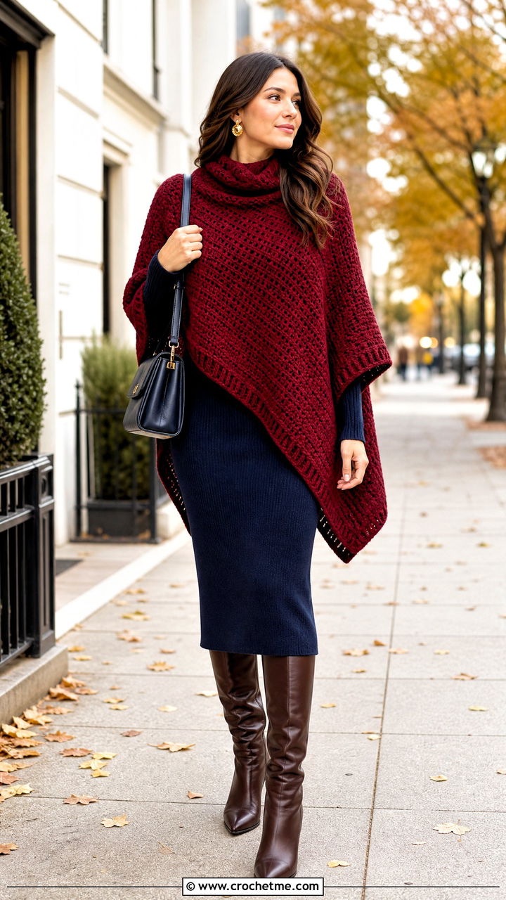 Wool Crochet Poncho With Midi Dress And Boots - 35 crochet ponchos outfit ideas