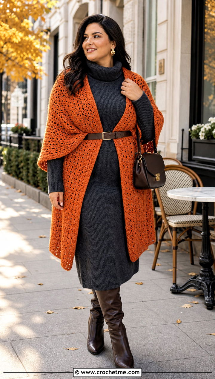 Wool Crochet Rectangle Shawl With Sweater Dress - 35 Crochet Rectangle Shawl outfit ideas