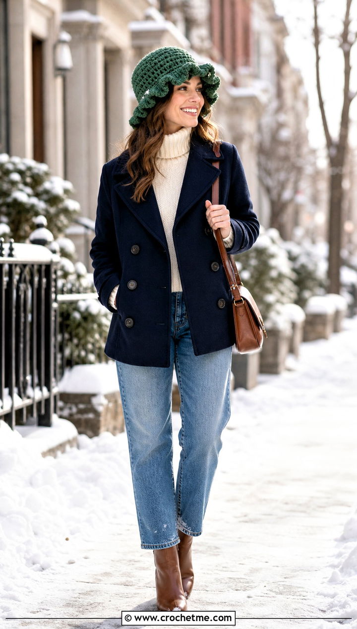 Wool Crochet Ruffle Bucket Hat With Peacoat And Straight Jeans - 35 crochet ruffle bucket hat outfit ideas