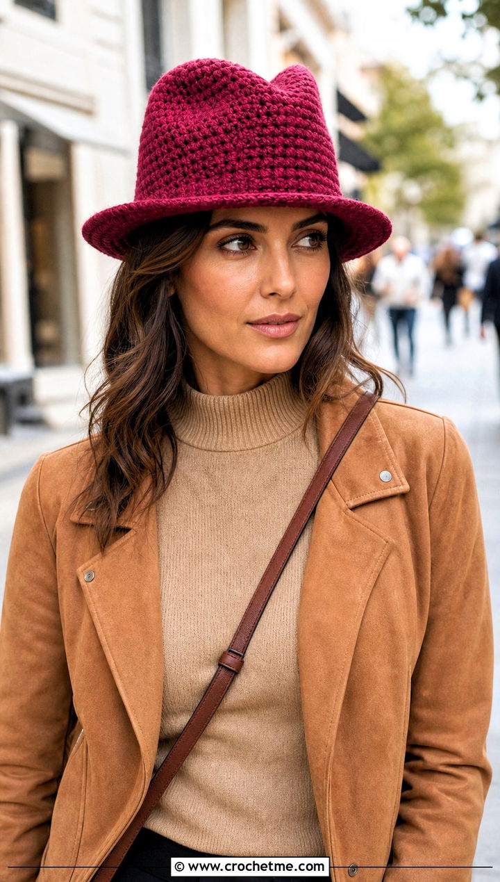 Wool Ease Crochet Fedora With Sweater And Flared Jeans - 25 Wool Ease Crochet Hat outfit ideas