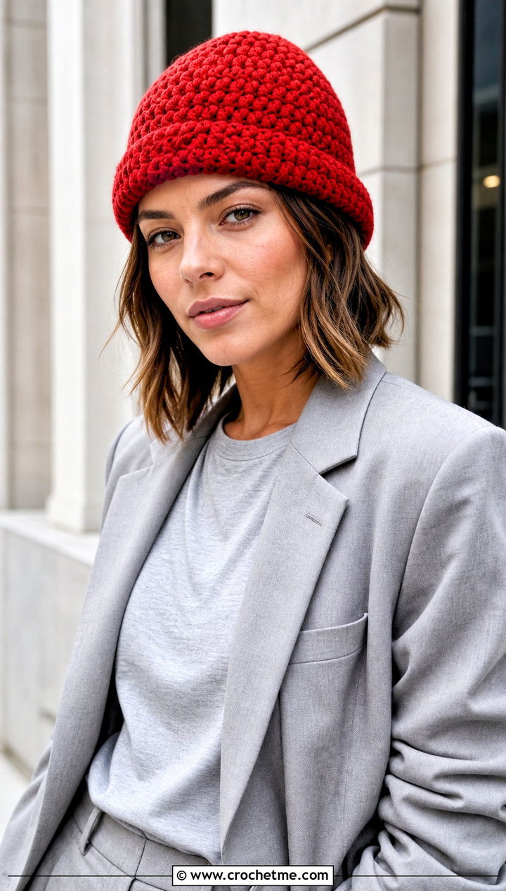 Wool Ease Crochet Fisherman Beanie With Monochrome Suit - 25 Wool Ease Crochet Hat outfit ideas