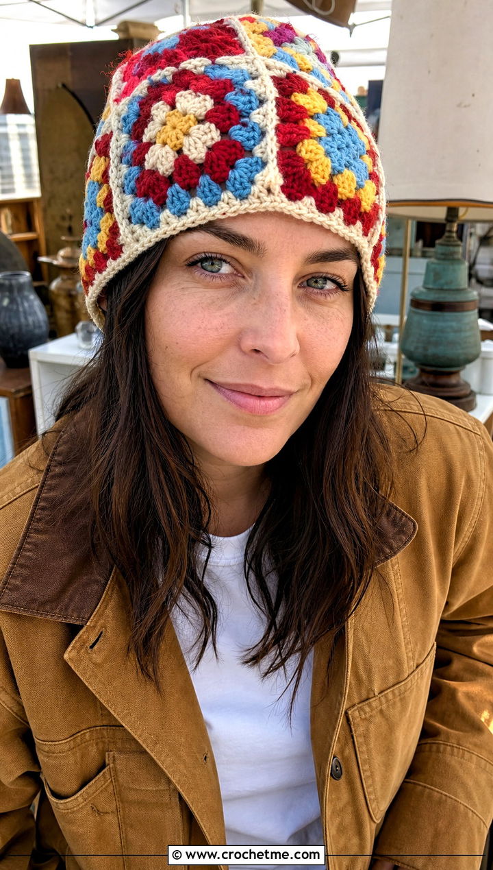 Wool Ease Crochet Granny Square Hat With Workwear Jacket - 25 Wool Ease Crochet Hat outfit ideas