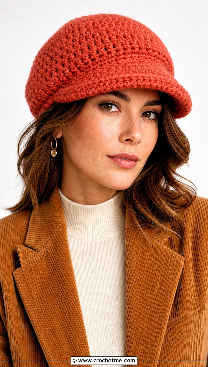 Wool Ease Crochet Newsboy Cap With Corduroy Suit - 25 Wool Ease Crochet Hat outfit ideas