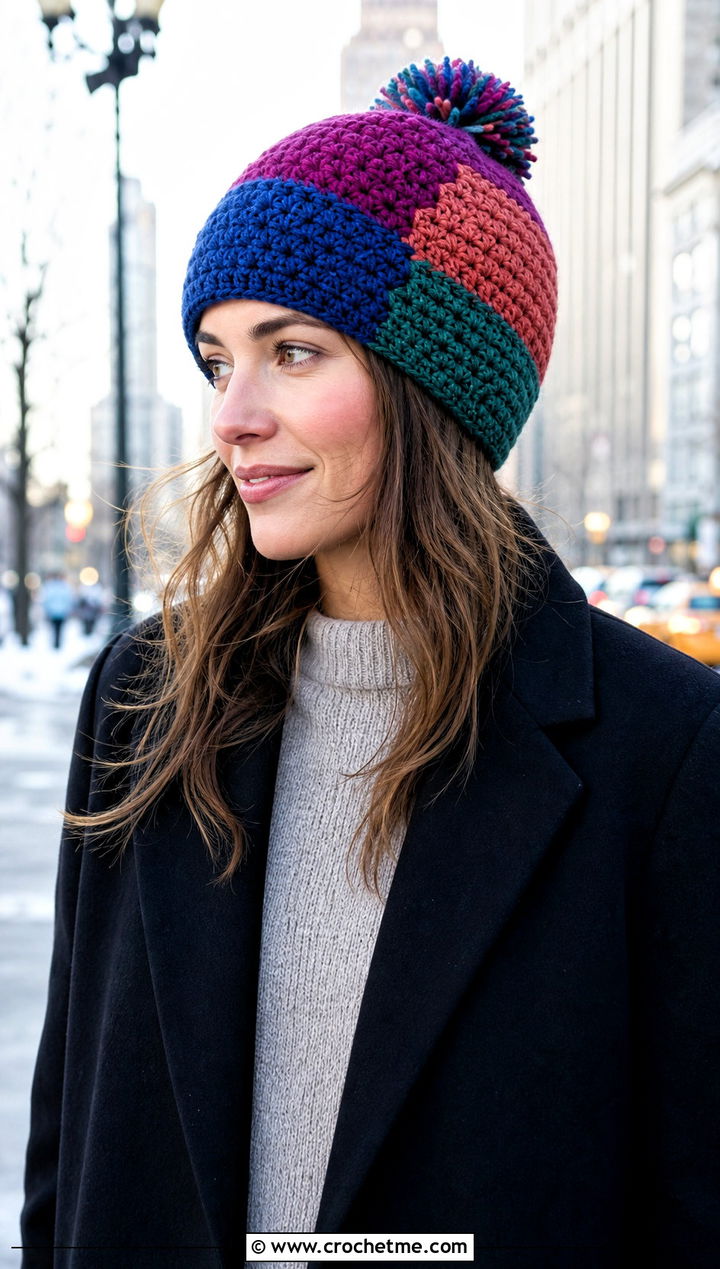 Wool Ease Crochet Patchwork Hat With Maxi Coat - 25 Wool Ease Crochet Hat outfit ideas