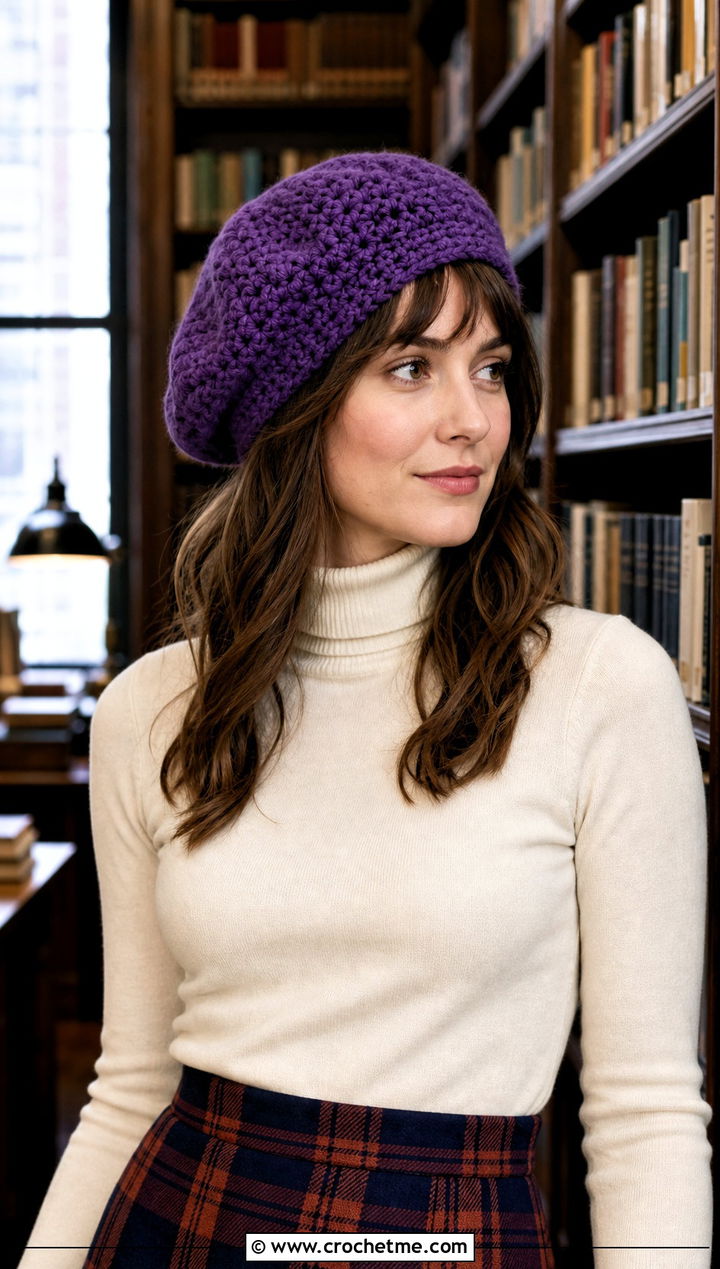Wool Ease Crochet Tam Hat With Turtleneck And Plaid Skirt - 25 Wool Ease Crochet Hat outfit ideas