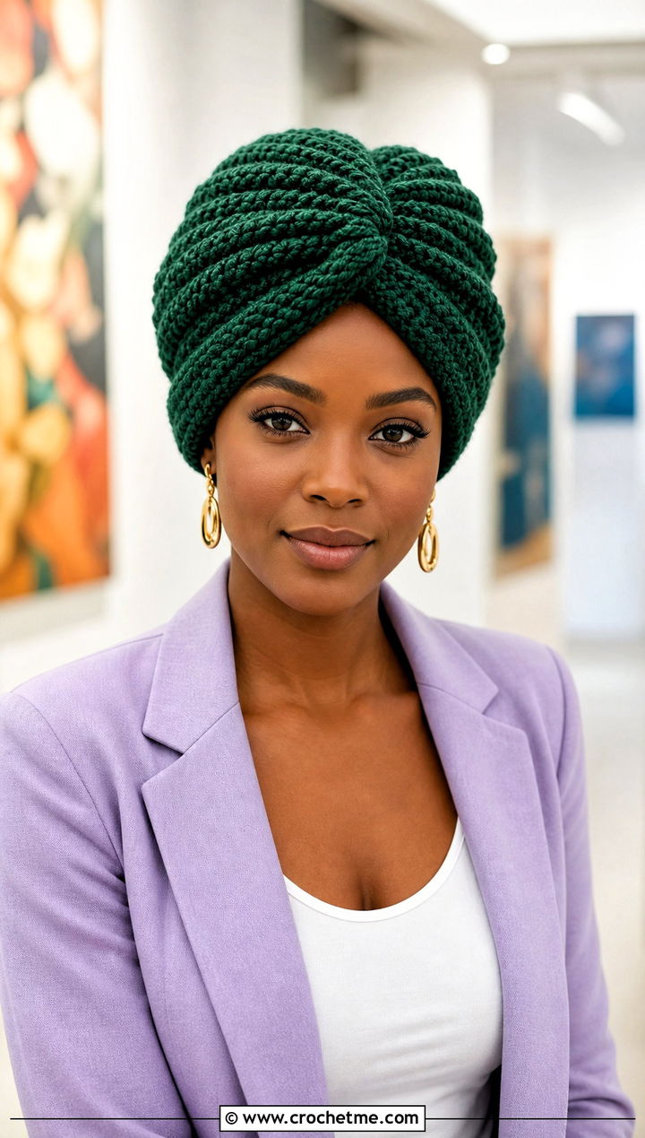Wool Ease Crochet Turban Hat With Longline Blazer - 25 Wool Ease Crochet Hat outfit ideas