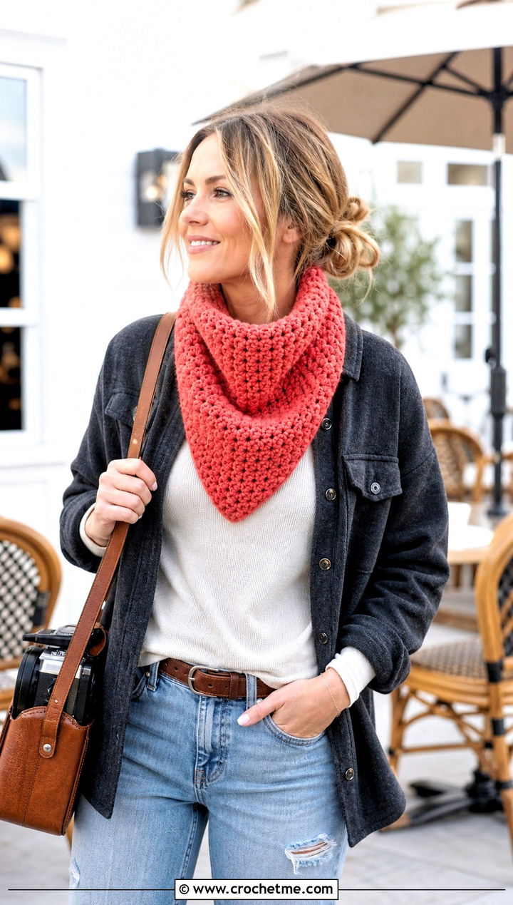 Wool Ease Thick And Quick Bandana Cowl With Shacket - 20 Wool Ease Thick And Quick Crochet Cowl outfit ideas